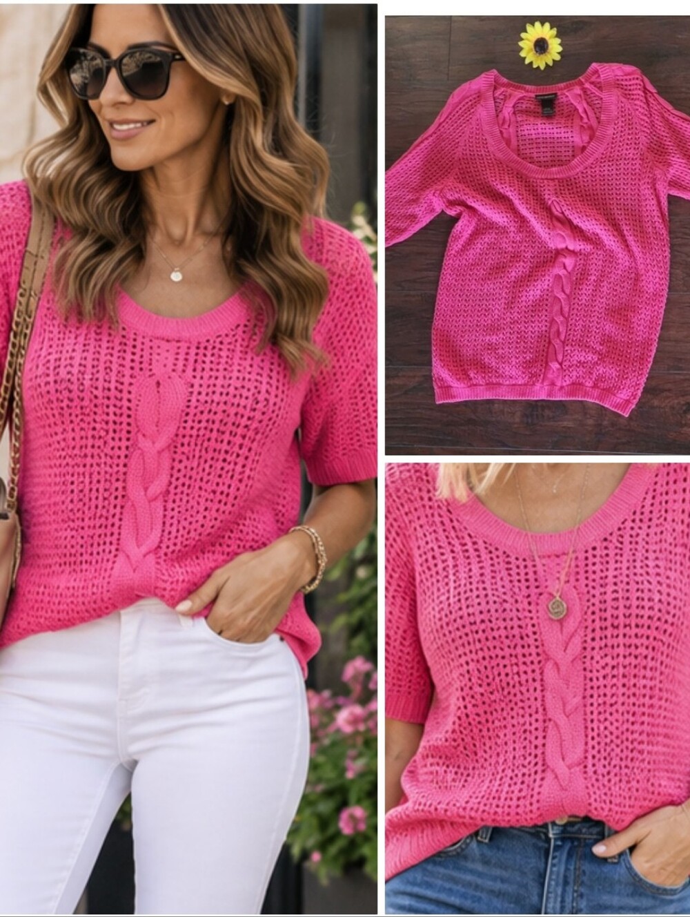 Lane Bryant Sweater Womans 14/16Pink Cotton Short Sleeve Knit Open Weave